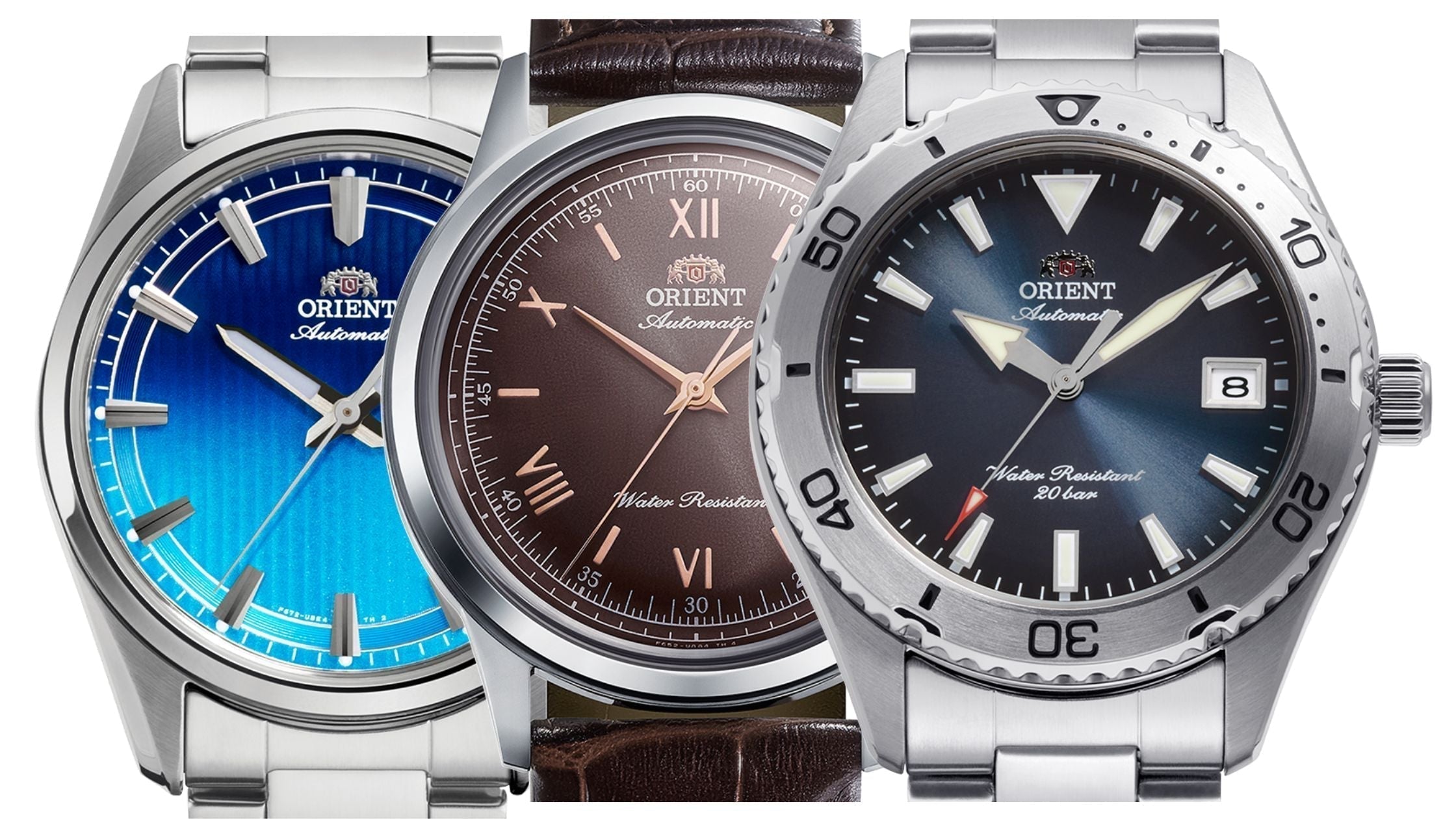 Feature image showcasing three Orient automatic watches with distinct blue, brown, and dark blue dials, highlighting the variety of designs in the Orient watch collection.