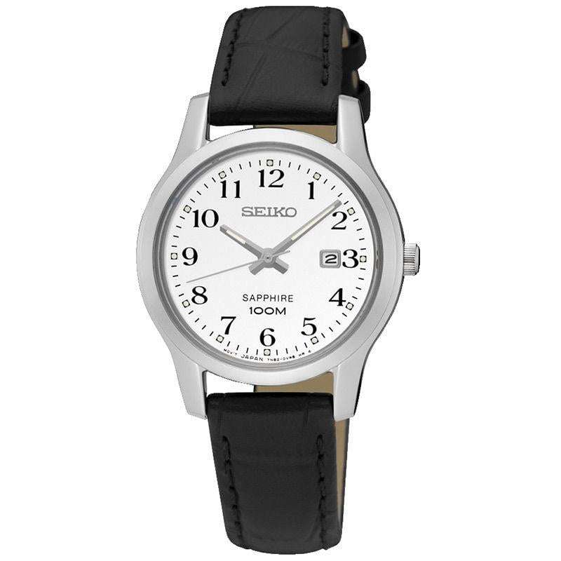 Seiko Quartz Black Leather Strap White Dial Ladies’ Watch SXDG91P1