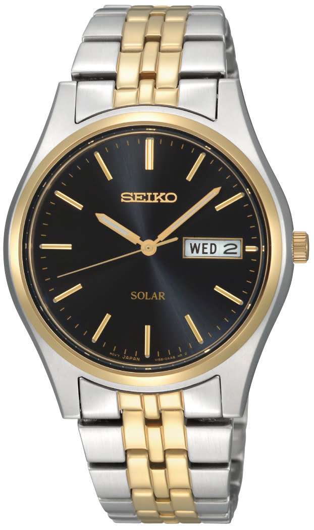 Seiko Solar Stainless Steel Gold Black Dial Men's Watch SNE034P1 - WatchNation