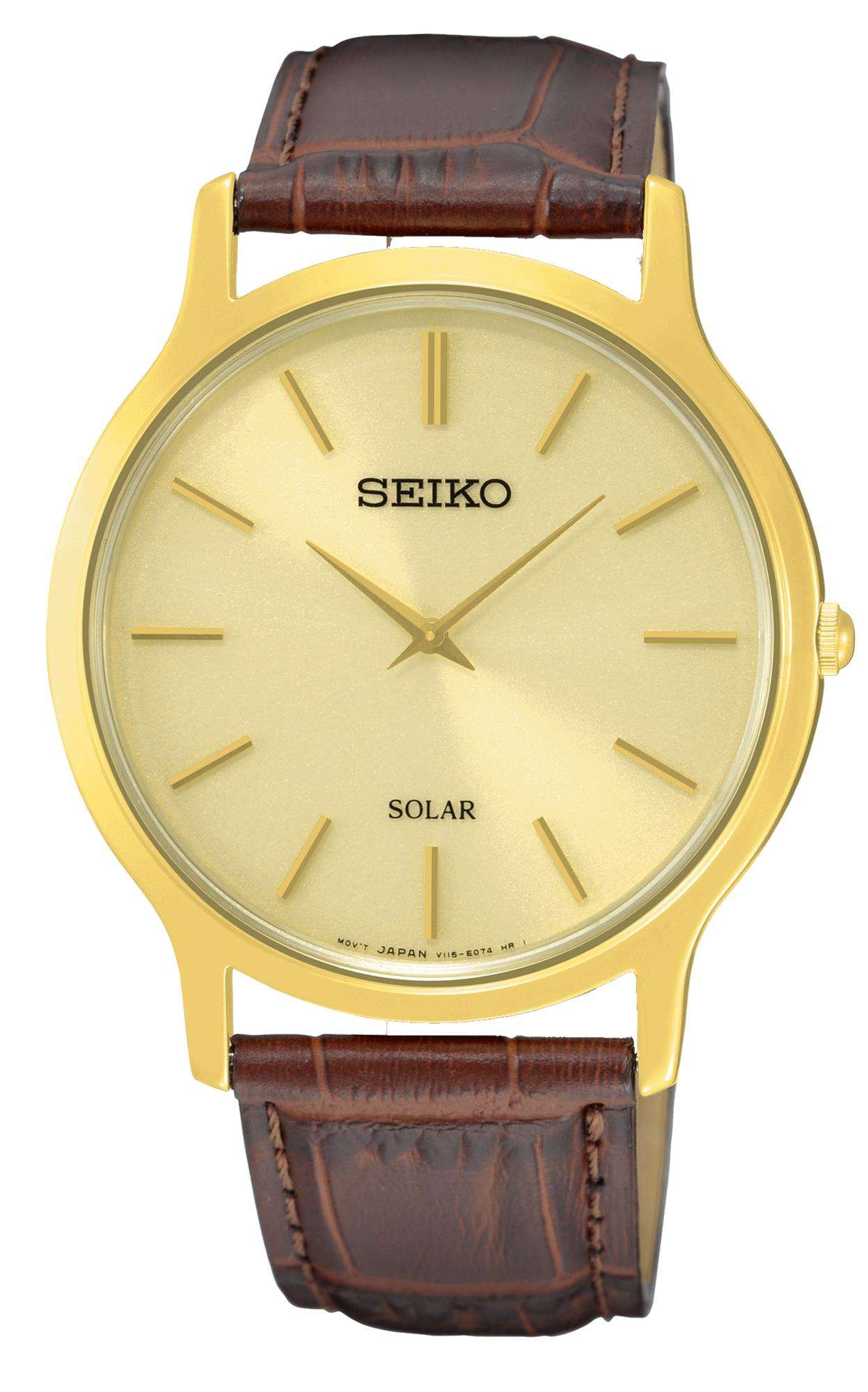 Seiko Solar Brown Leather Strap Gold Dial Men's Watch SUP870P1