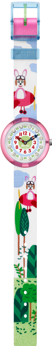 Flik Flak Hopp on a Plane Kids Girls Green Textile Strap Pink Plastic Case Dog Watch FBNP104