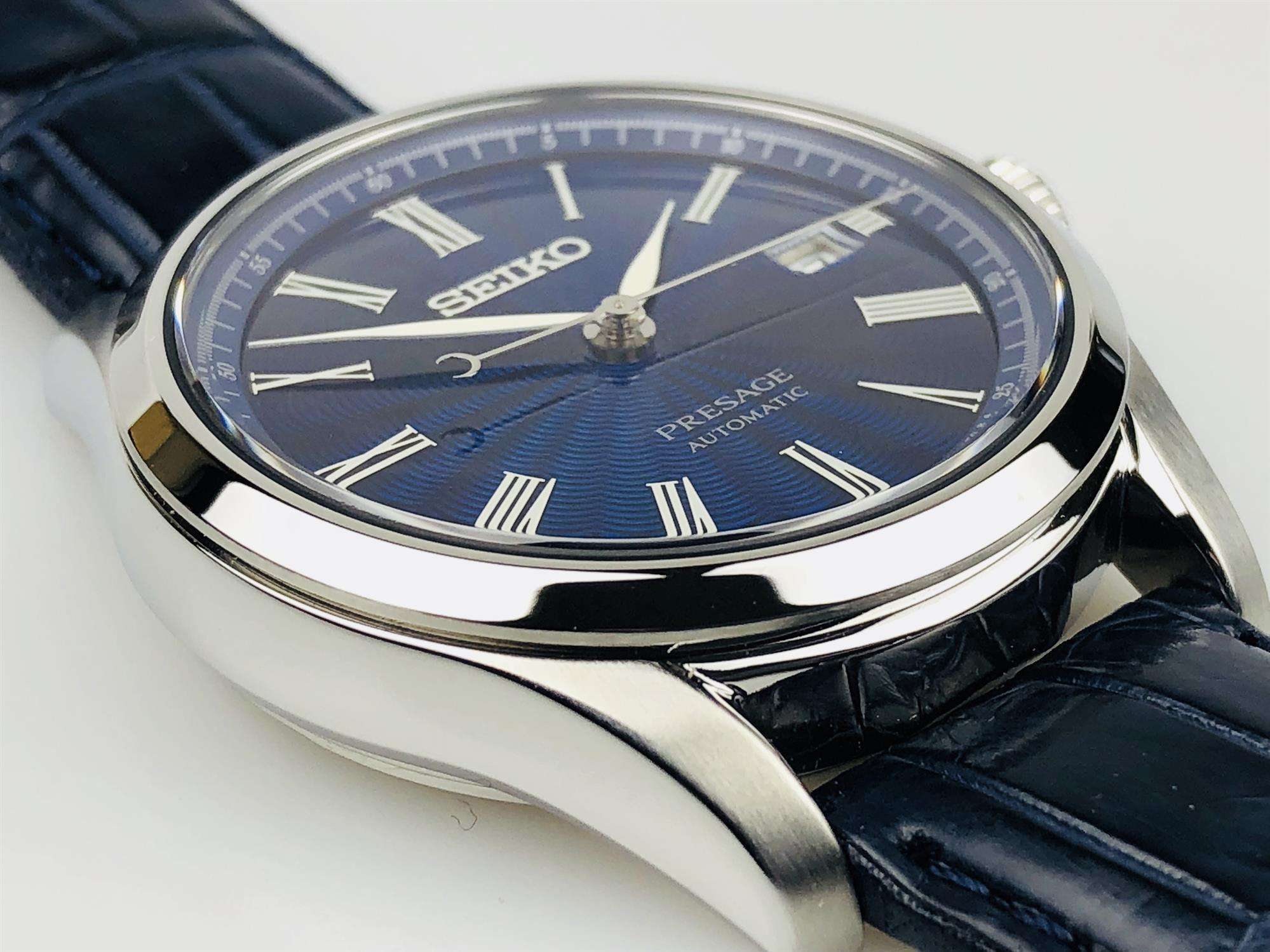 Seiko Presage The Shippo Enamel Silver Steel Case Blue Crocodile Leather Strap Limited Edition Automatic Blue Dial Men’s Watch SPB075J1
