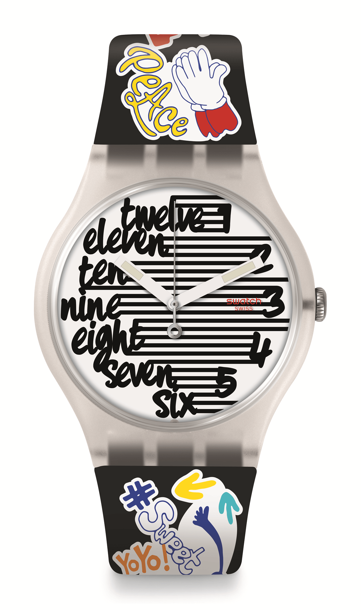 Swatch Streety White Plastic Case Black Silicone Strap White Dial Watch SUOW157