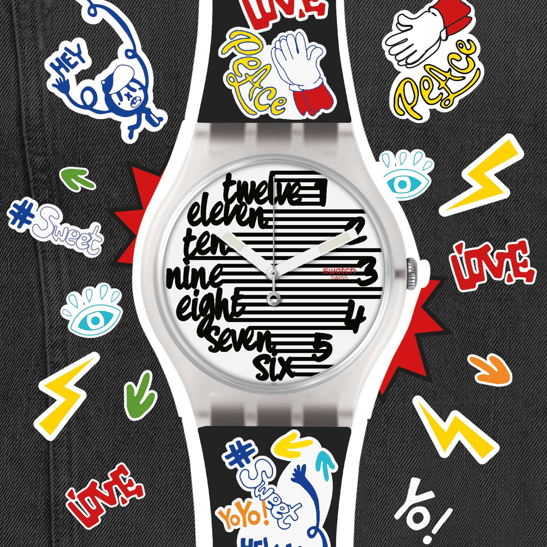 Swatch Streety White Plastic Case Black Silicone Strap White Dial Watch SUOW157