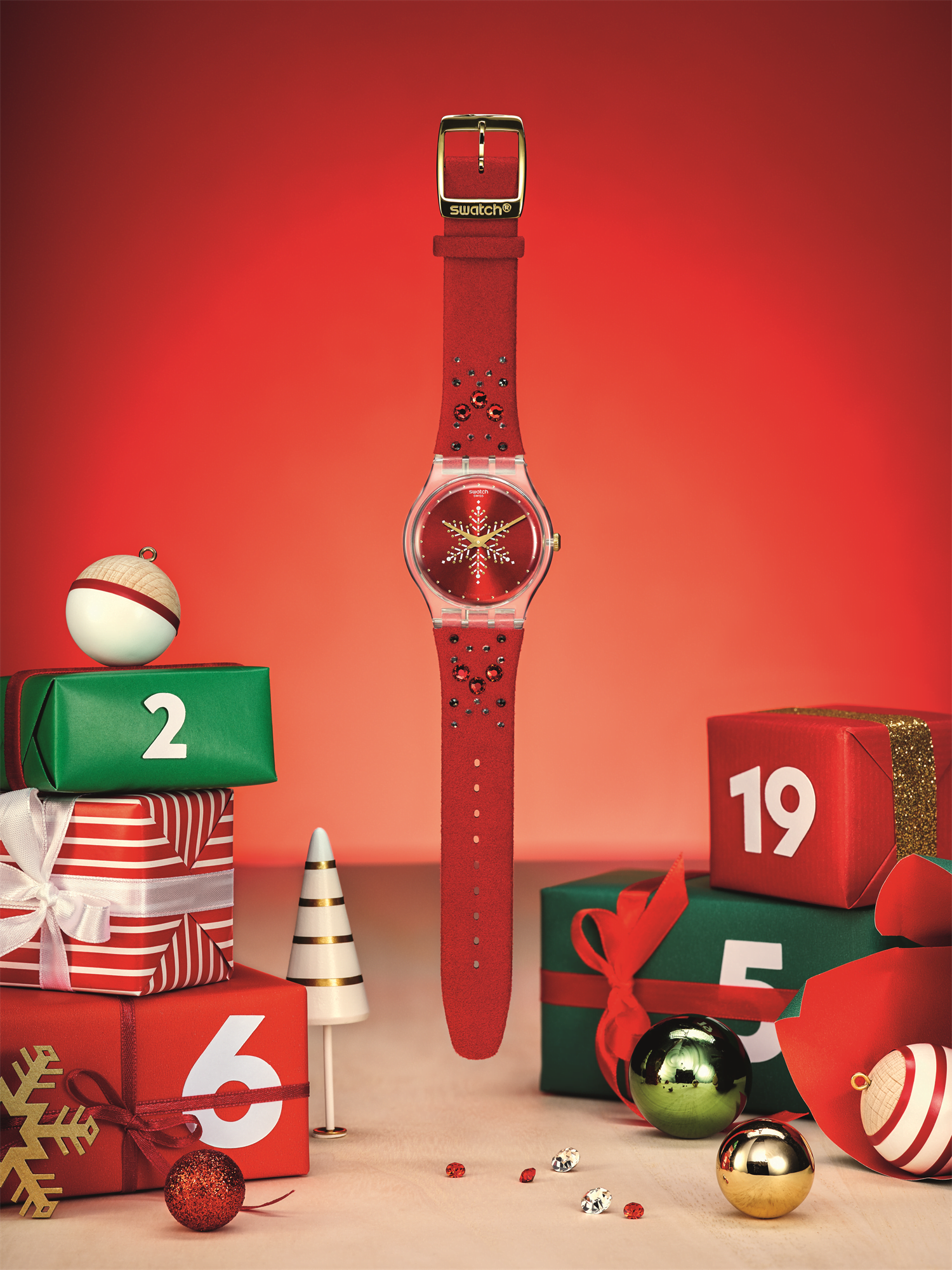 Swatch Christmas Limited Edition Plastic Case Red Fabric Strap Red Dial Unisex Watch SUOZ287S