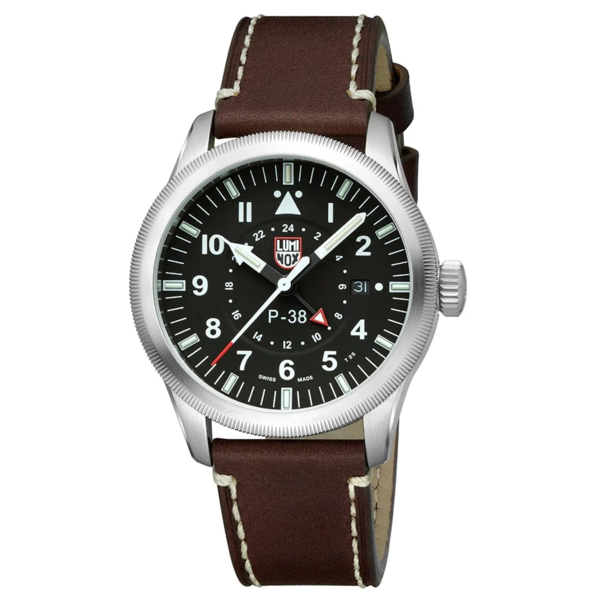 Luminox P-38 Lightning Air Pilot 9520 Series XA.9521 black dial quartz timepiece angled front view displaying stainless steel case and brown leather strap