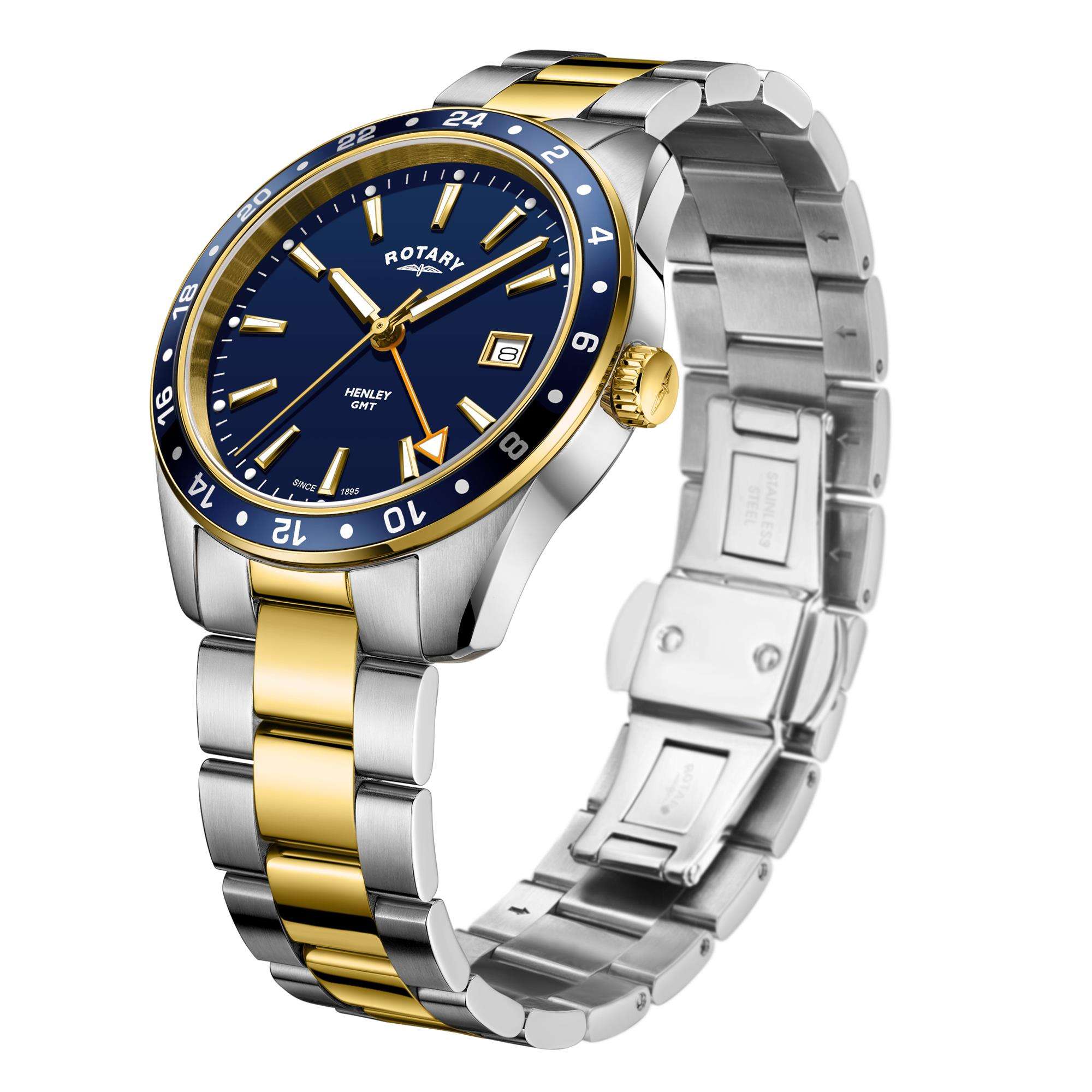 Rotary GMT Henley Two Tone Stainless Steel Blue Dial Men's Watch GB05296/05
