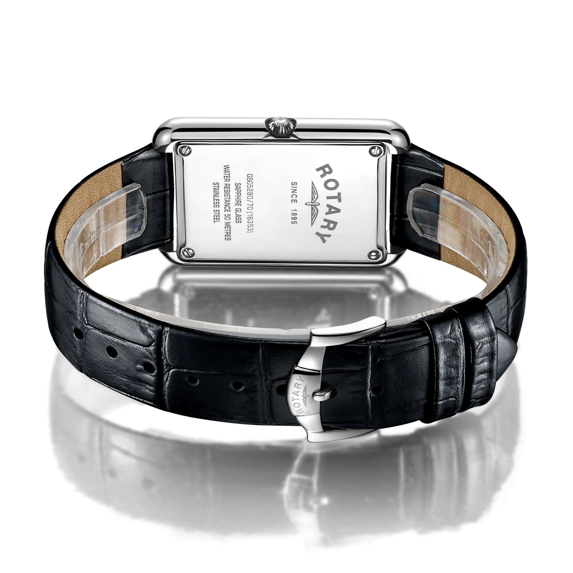 Rotary Cambridge Rectangle Dial Black Leather Strap Men's Watch GS05280/70