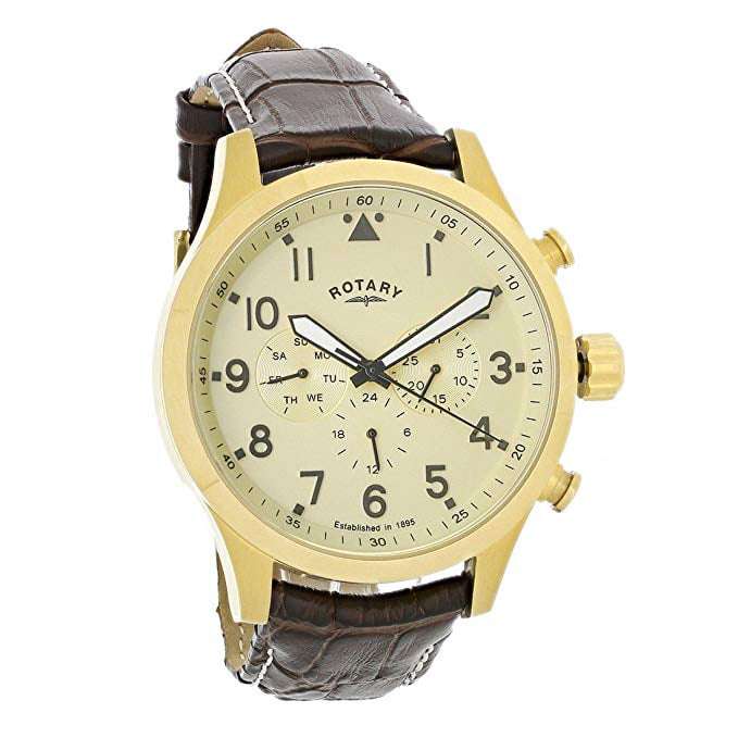 Rotary Gold Coloured Stainless Steel Case Brown Leather Strap Mens Watch GS00419/31 48mmThis Rotary Gold Coloured Stainless Steel Case Brown Leather Strap Mens Watch GS00419/31 teams an alluring cream dial with a curved 12 o’clock day window and a brown leather strap and case. This results in a timepiece that is the epitome of style and class. Key Features:Quartz MovementDay FunctionBuckle Clasp The Brand: RotaryFamed for his attention to detail and keen business acumen, Moise