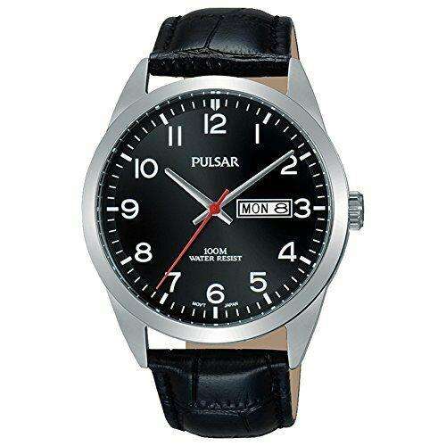 Pulsar Classic Quartz Silver Stainless Steel Case Black Leather Strap Men's WatchThis Pulsar Classic Quartz Silver Stainless Steel Case Black Leather Strap Men's Watch is an excellent addition to the classic range. A simplistic black dial shows the Pulsar logo at the 12 o'clock position with a day and date window at 3 o'clock. The hands are complimented by white Arabic indexes and powered by a strong Japanese quartz movement. Furthermore, the dial is protected by mineral glass and a silver stainless steel c