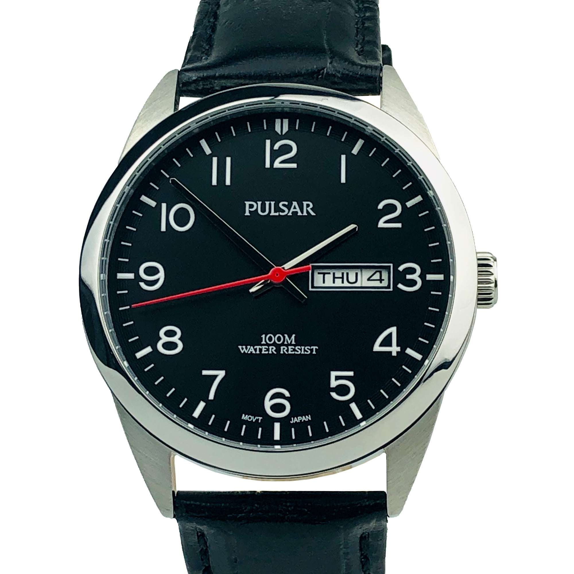 Pulsar Classic Quartz Silver Stainless Steel Case Black Leather Strap Men's WatchThis Pulsar Classic Quartz Silver Stainless Steel Case Black Leather Strap Men's Watch is an excellent addition to the classic range. A simplistic black dial shows the Pulsar logo at the 12 o'clock position with a day and date window at 3 o'clock. The hands are complimented by white Arabic indexes and powered by a strong Japanese quartz movement. Furthermore, the dial is protected by mineral glass and a silver stainless steel c