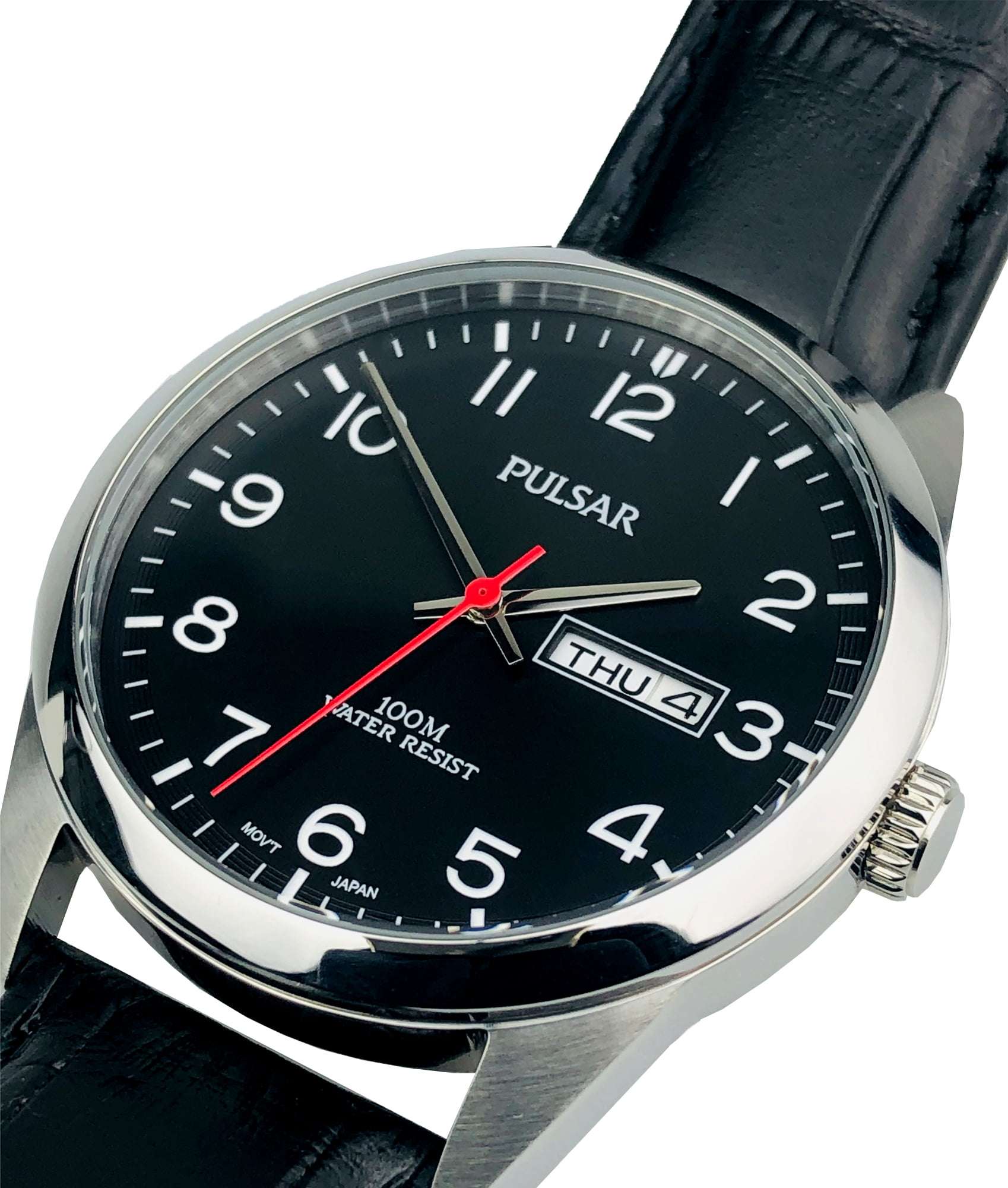 Pulsar Classic Quartz Silver Stainless Steel Case Black Leather Strap Men's WatchThis Pulsar Classic Quartz Silver Stainless Steel Case Black Leather Strap Men's Watch is an excellent addition to the classic range. A simplistic black dial shows the Pulsar logo at the 12 o'clock position with a day and date window at 3 o'clock. The hands are complimented by white Arabic indexes and powered by a strong Japanese quartz movement. Furthermore, the dial is protected by mineral glass and a silver stainless steel c
