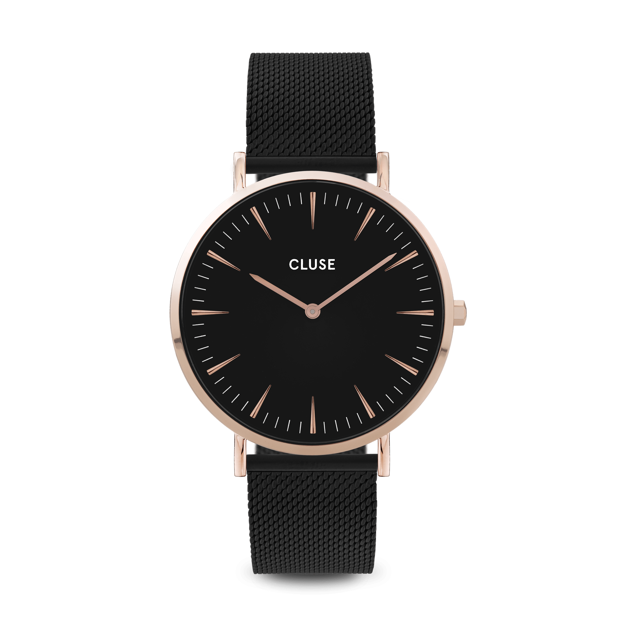 CLUSE La Boheme Rose Gold PVD Stainless Steel Black Silicone Strap Ladies Watch CW0101201010