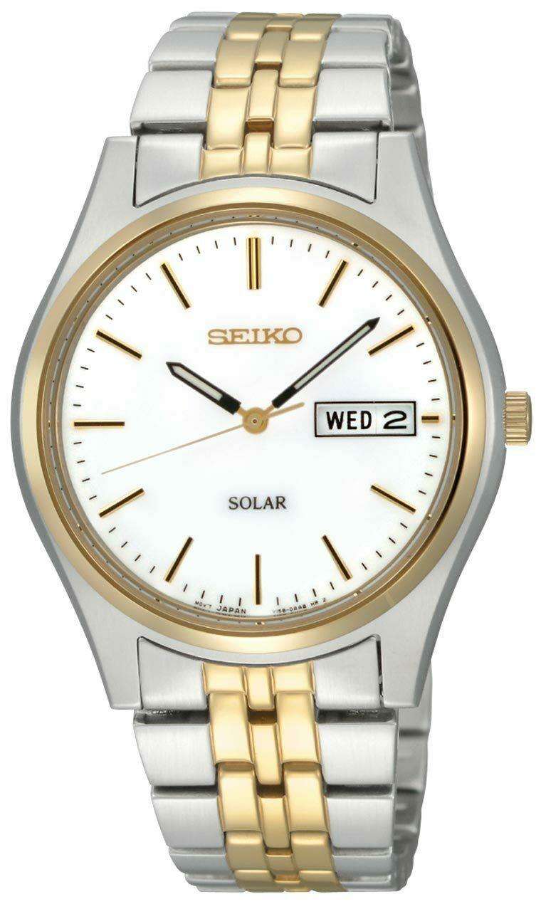 Seiko Solar Stainless Steel Gold White Dial Men's Watch SNE032P1