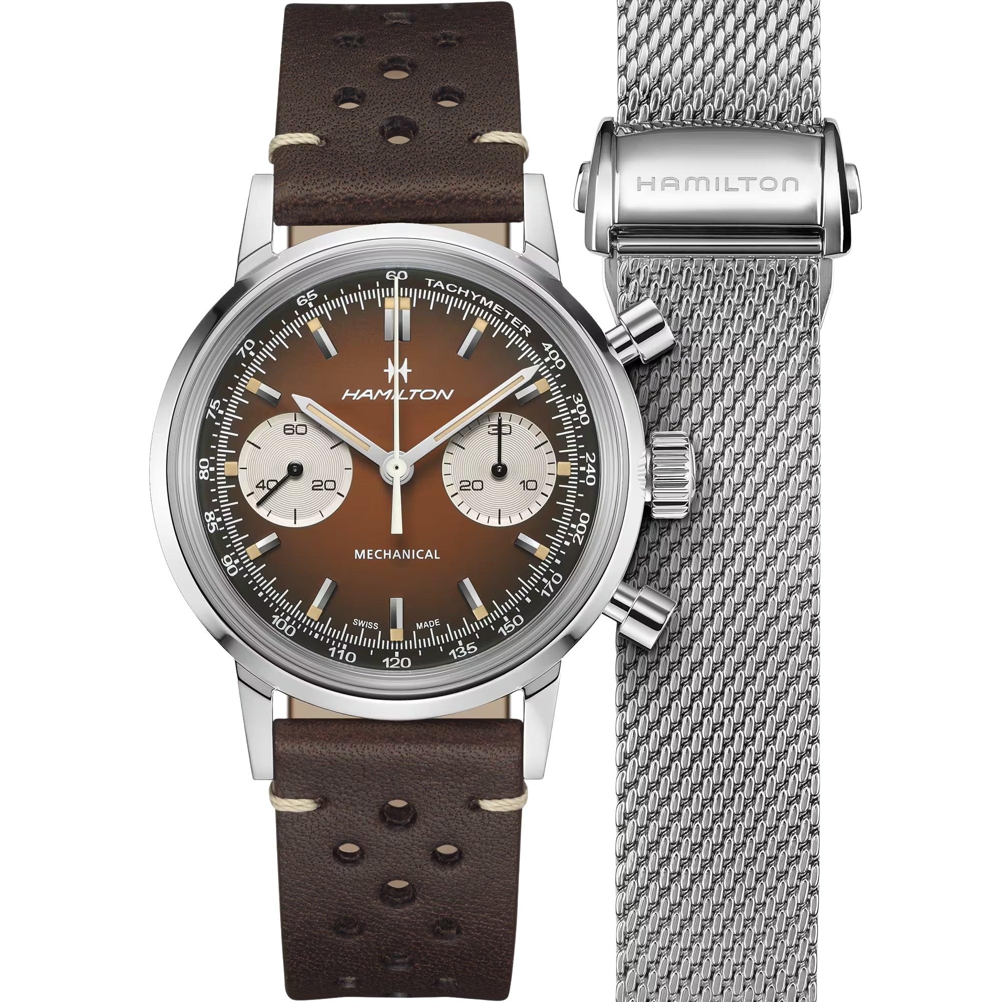 Hamilton American Classic 40mm Chronograph Brown Dial Leather Mens Mechanical Watch H38429591