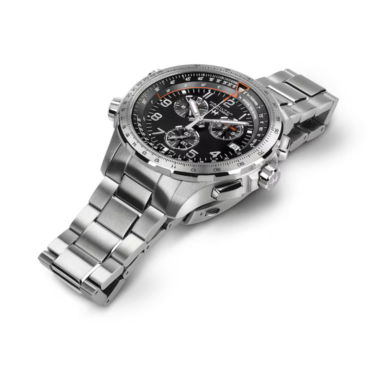 Hamilton Khaki Aviation X-Wind GMT Chrono Quartz Black Dial Steel Strap Men's Watch H77912135