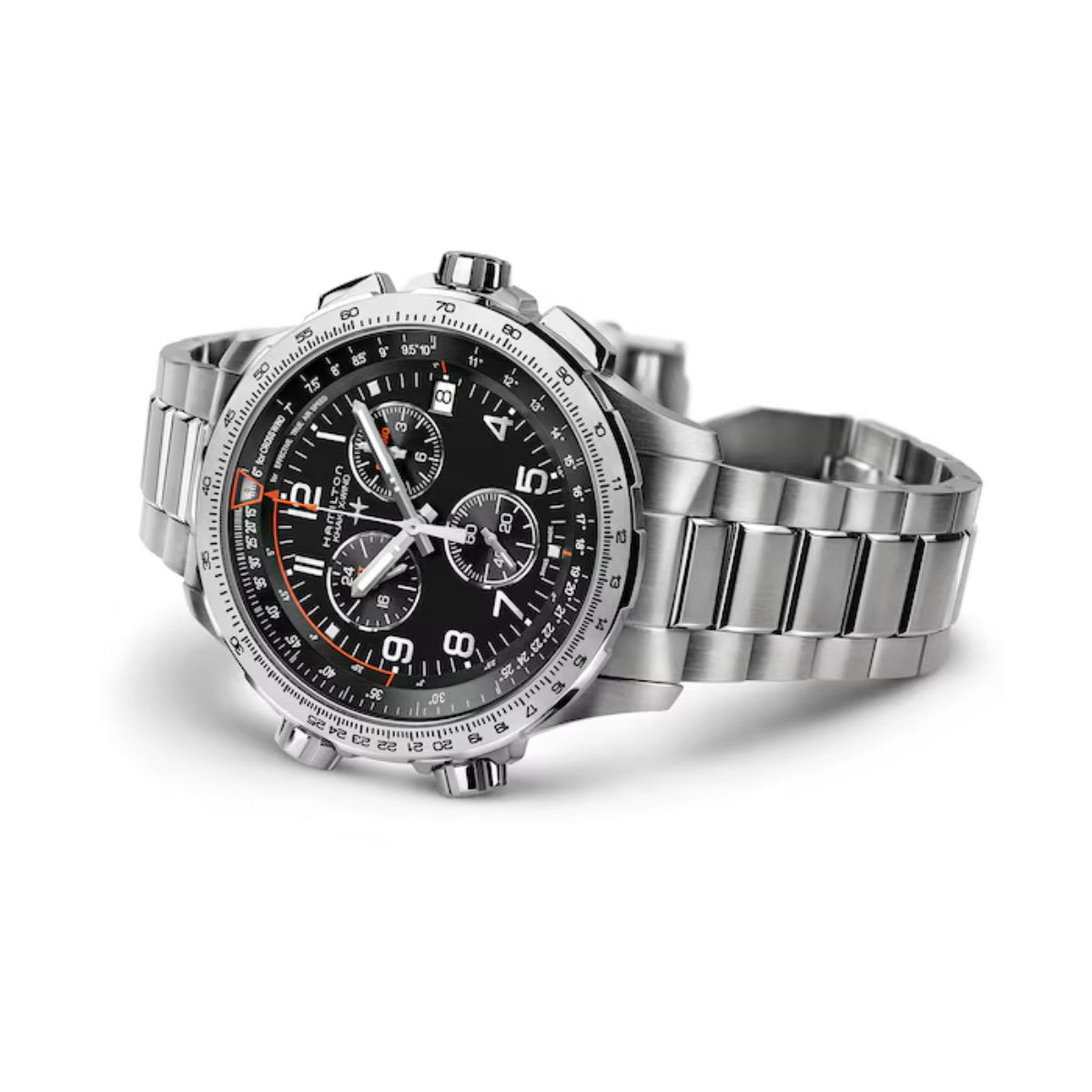 Hamilton Khaki Aviation X-Wind GMT Chrono Quartz Black Dial Steel Strap Men's Watch H77912135