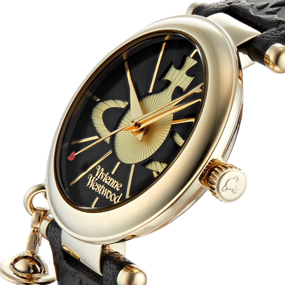 Close-up of Vivienne Westwood Orb II VV006BKGD watch face with black dial, orb motif, and gold hands