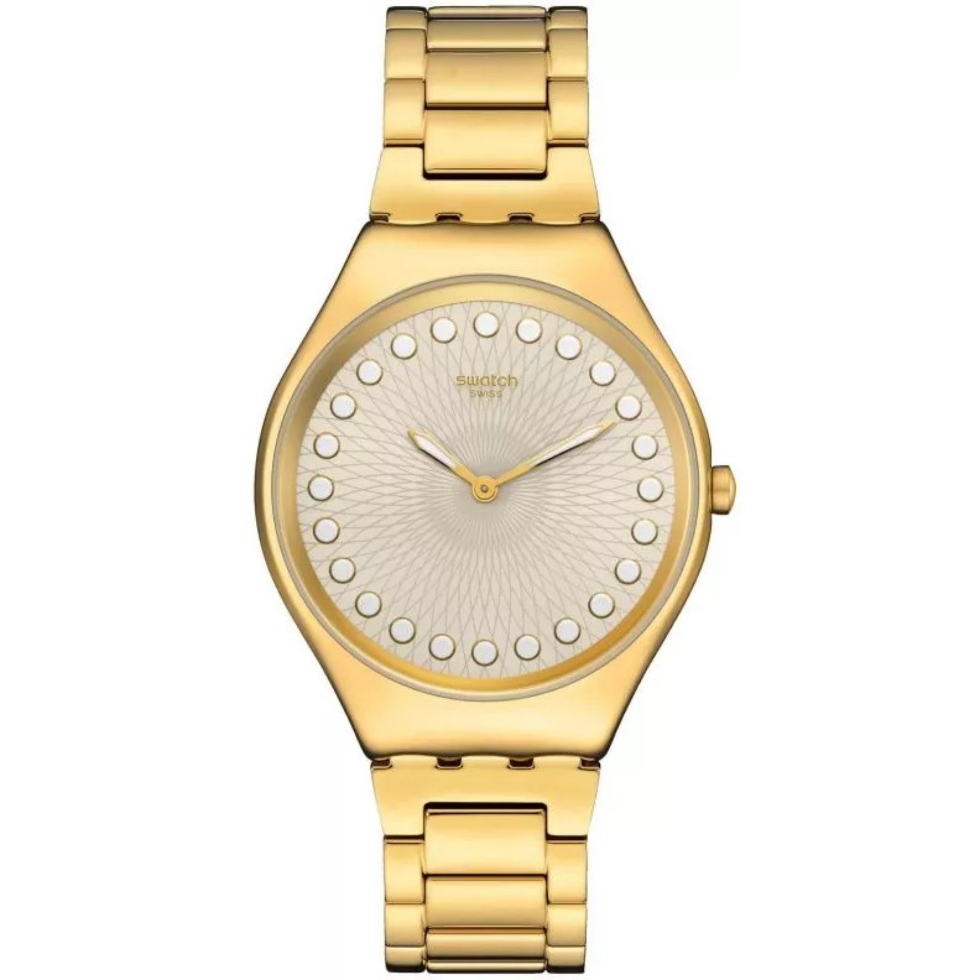 Swatch Holiday Collection Bubbly And Bright Quartz Beige Dial Gold PVD Stainless Steel Case Unisex Watch SYXG126G