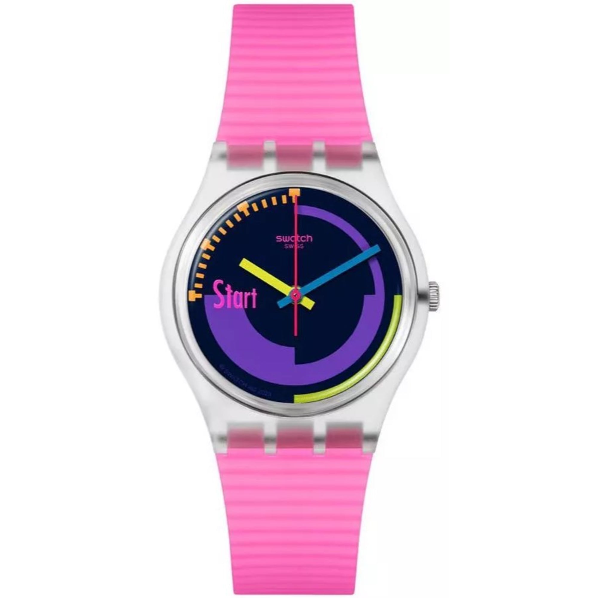 Swatch Neon Pink Podium Multi-coloured Dial Transparent Matte Pink Silicone Strap Watch SO28K111