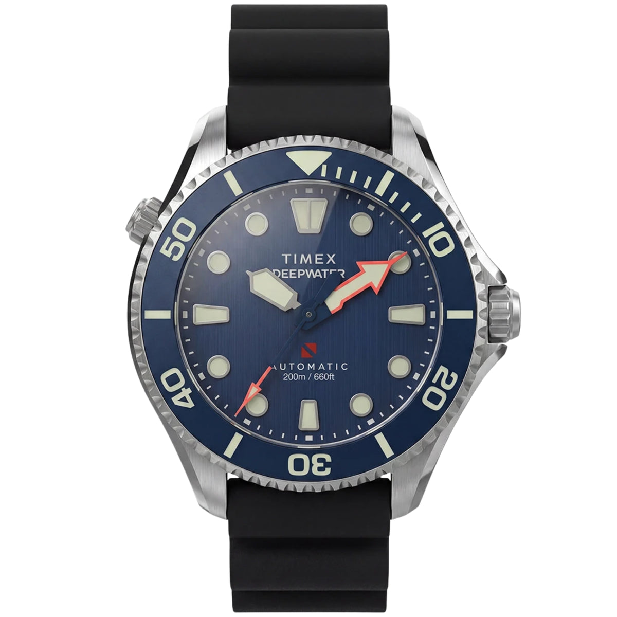 Timex Deepwater Meridian TW3A01700 front view displaying blue dial with rotating bezel and black rubber strap