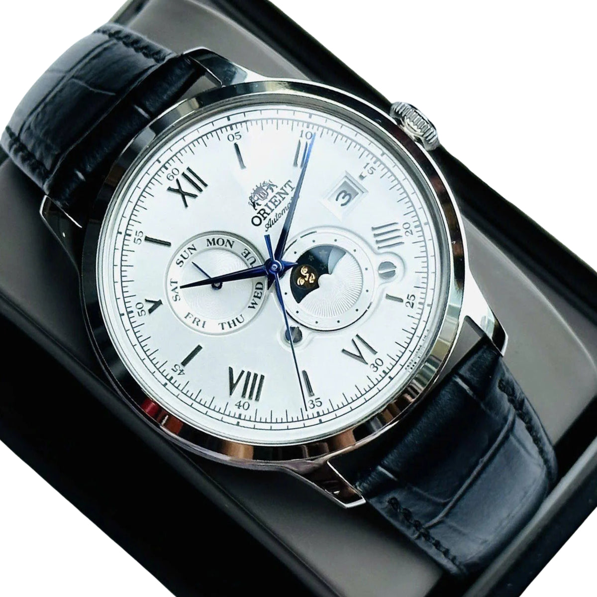 Orient Bambino 41.5mm Sonne & Mond Silbernes Zifferblatt Leder Automatik Herren Uhr RA-AK0802S30B