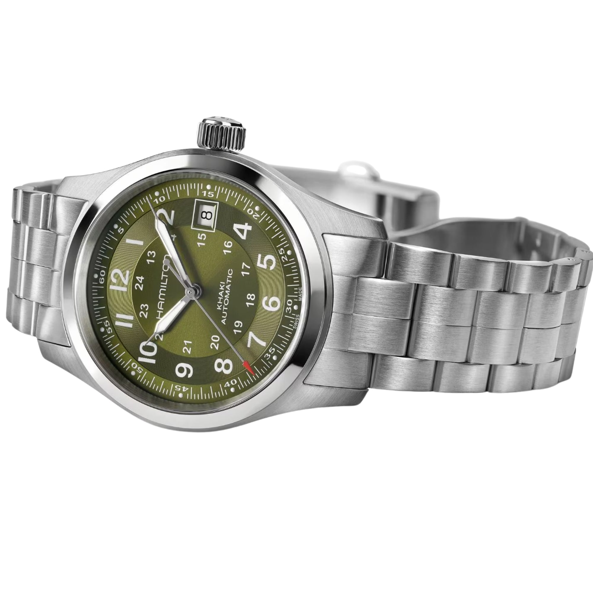 Hamilton Khaki Field 38mm Green Dial Steel Mens Automatic Watch H70455160 side perspective view with full steel bracelet