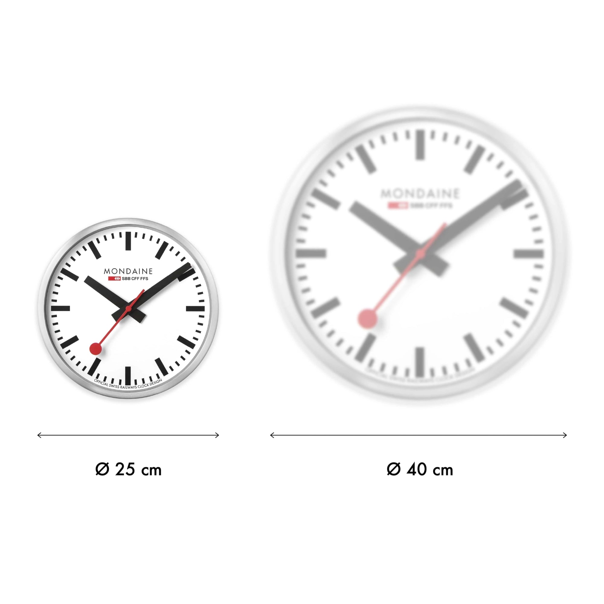 Size comparison diagram showing Mondaine 25cm wall clock next to a 40 cm wall clock