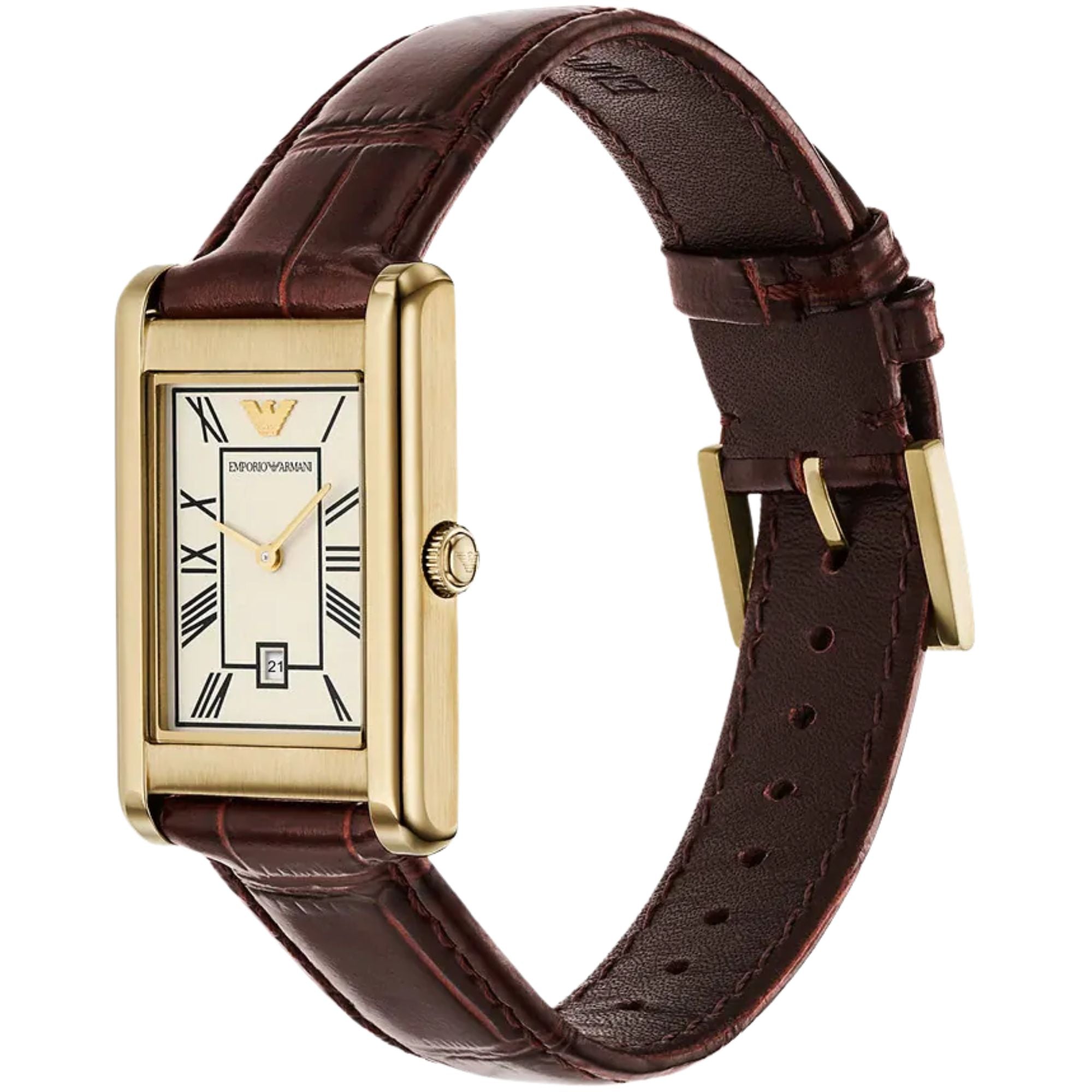 Emporio Armani Gino ladies quartz watch with white dial, Roman numerals, brown leather strap