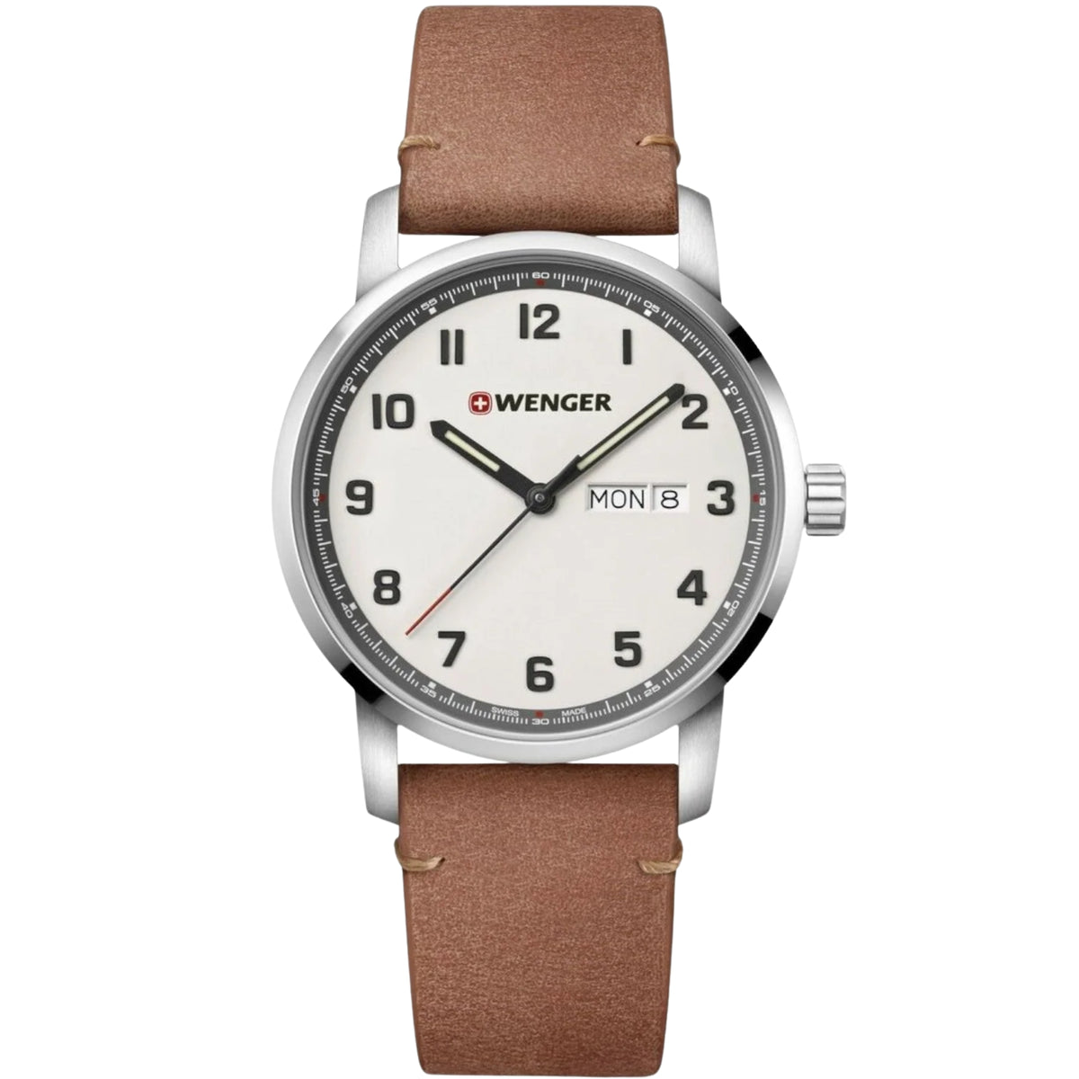 Wenger Attitude 01.1541.117 front view displaying 42mm cream dial mens quartz watch with day-date window, Arabic numerals, and leather strap