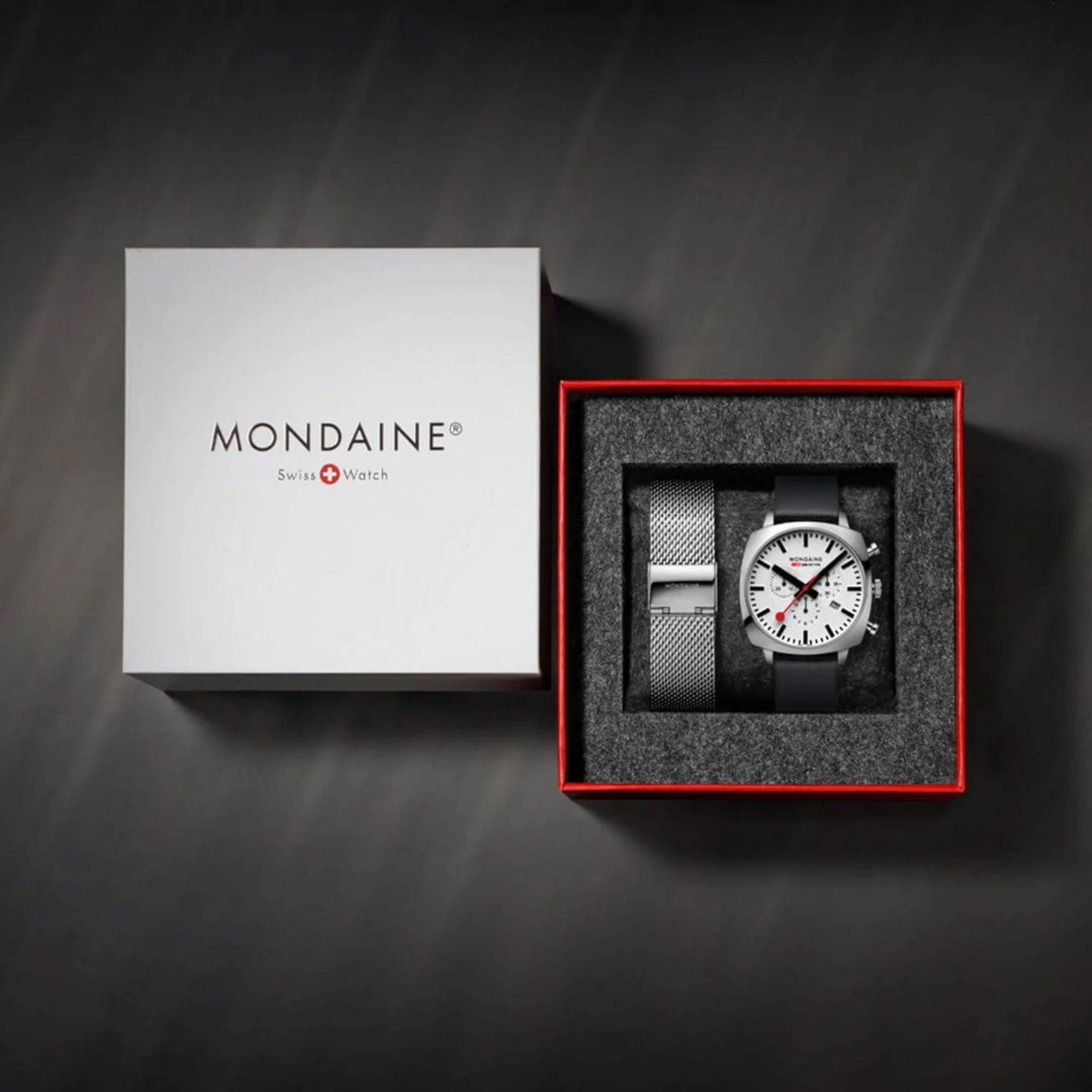 Mondaine Grand Cushion MSL.41410.LBV.SET box set including white presentation box, chronograph watch, and extra stainless steel mesh bracelet