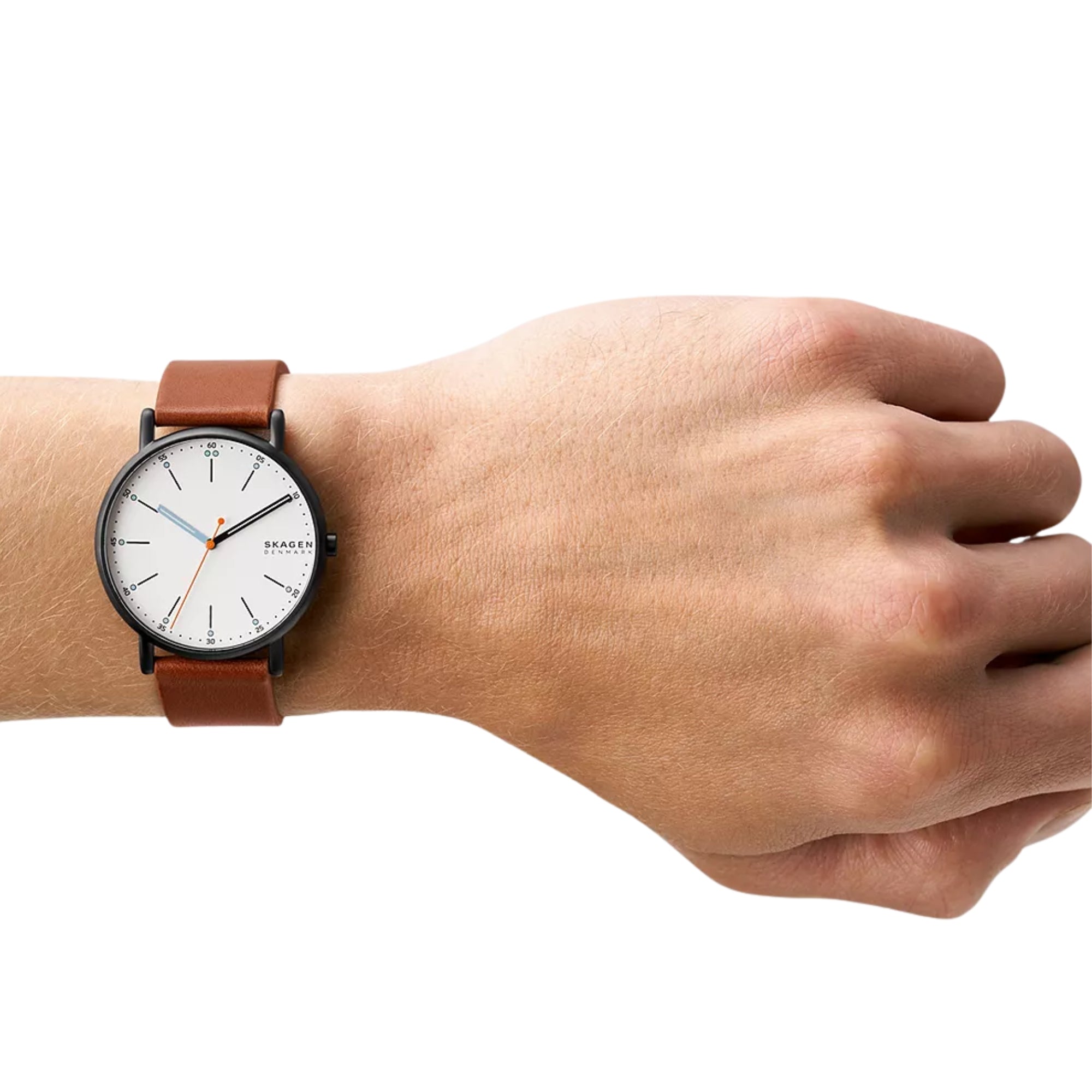 Skagen Signatur Herrenarmbanduhr mit braunem Lederarmband und weißem Zifferblatt SKW6374
