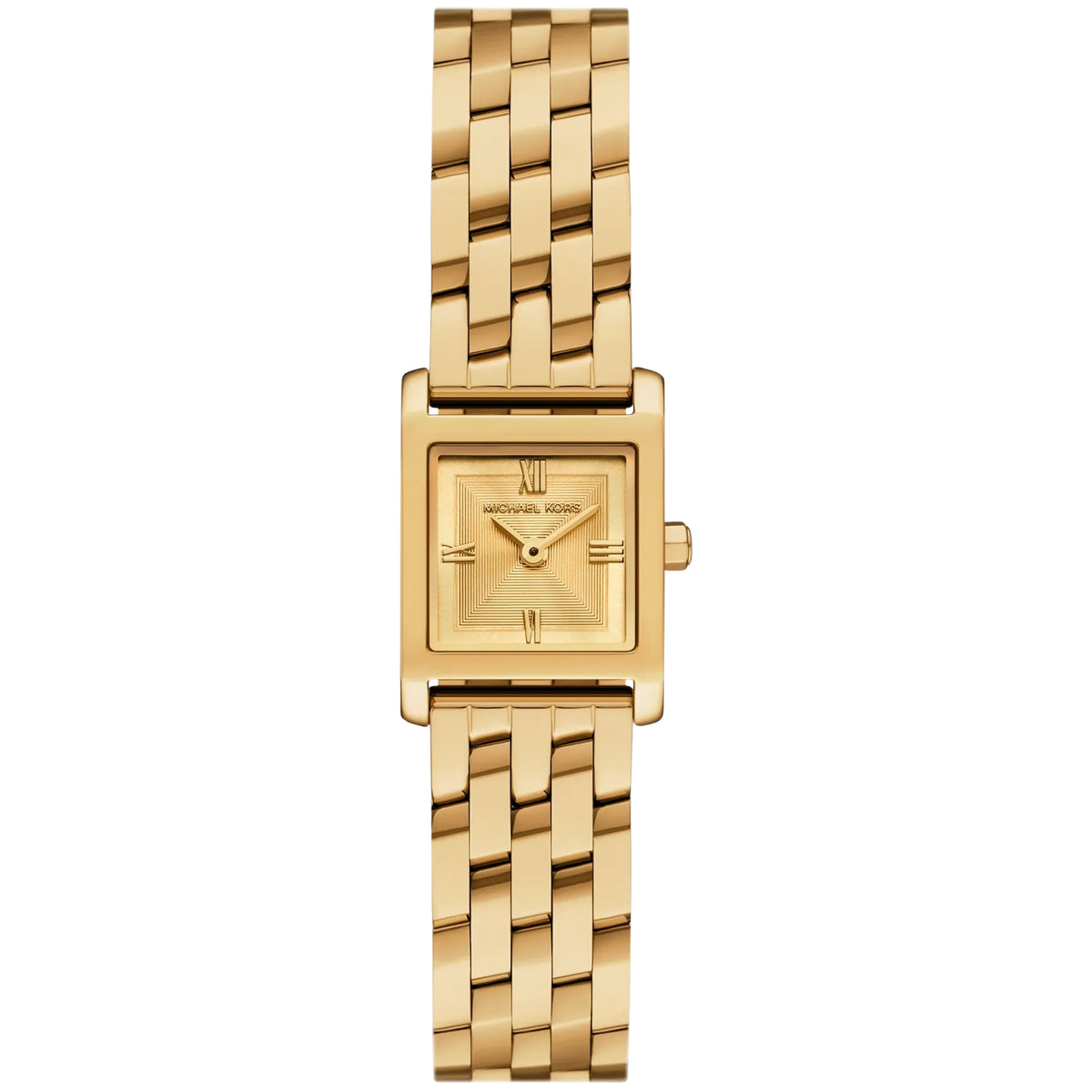 Michael Kors Georgie MK4931 womens watch front view featuring a square gold dial and gold-tone steel bracelet