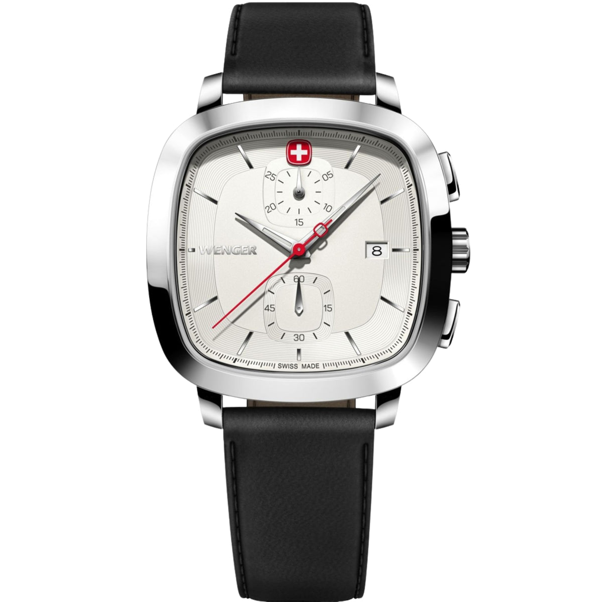 Men's chronograph watch with silver case, white dial, red hands, black leather strap.