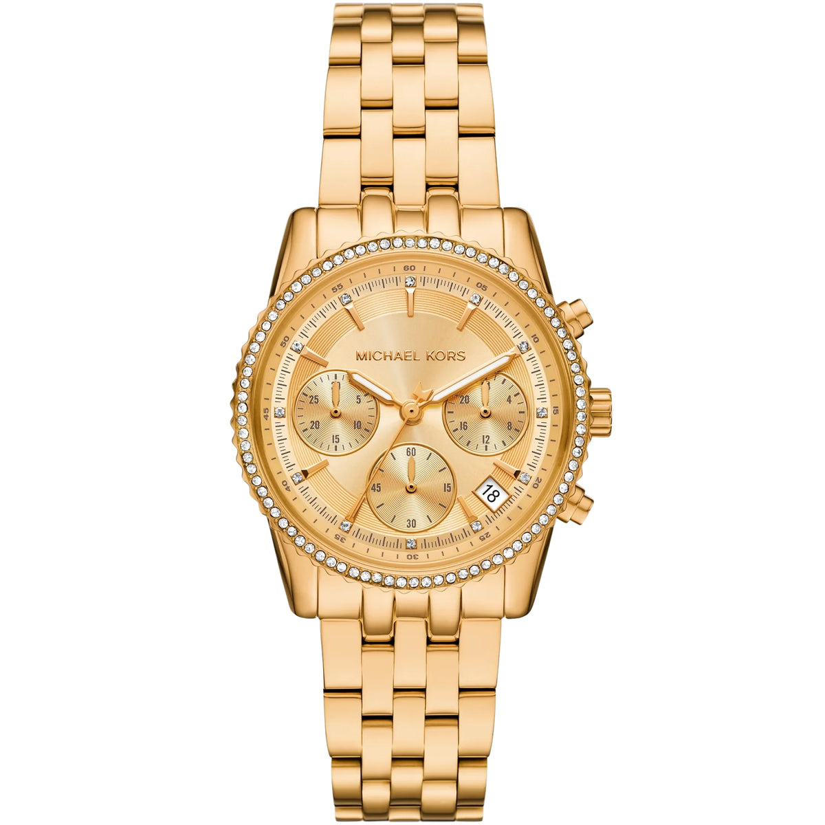 Gold-tone chronograph watch with gold dial, crystal bezel and metal link bracelet