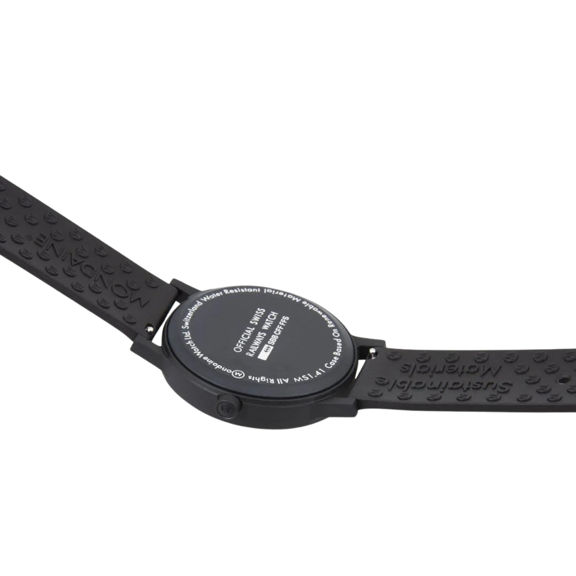 Back view of Mondaine Essence MS1.41110.RB sustainable material watch showcasing an engraved case back and a pattern-lined rubber strap