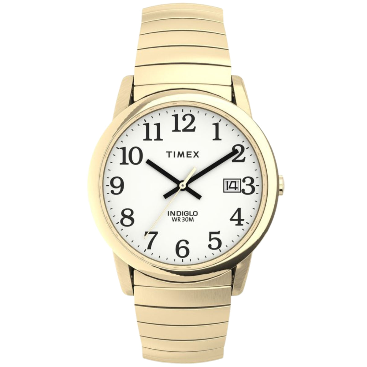 Timex Easy Reader T2H301 front view displaying white dial with full Arabic numerals, date window, and yellow gold-tone steel expansion band