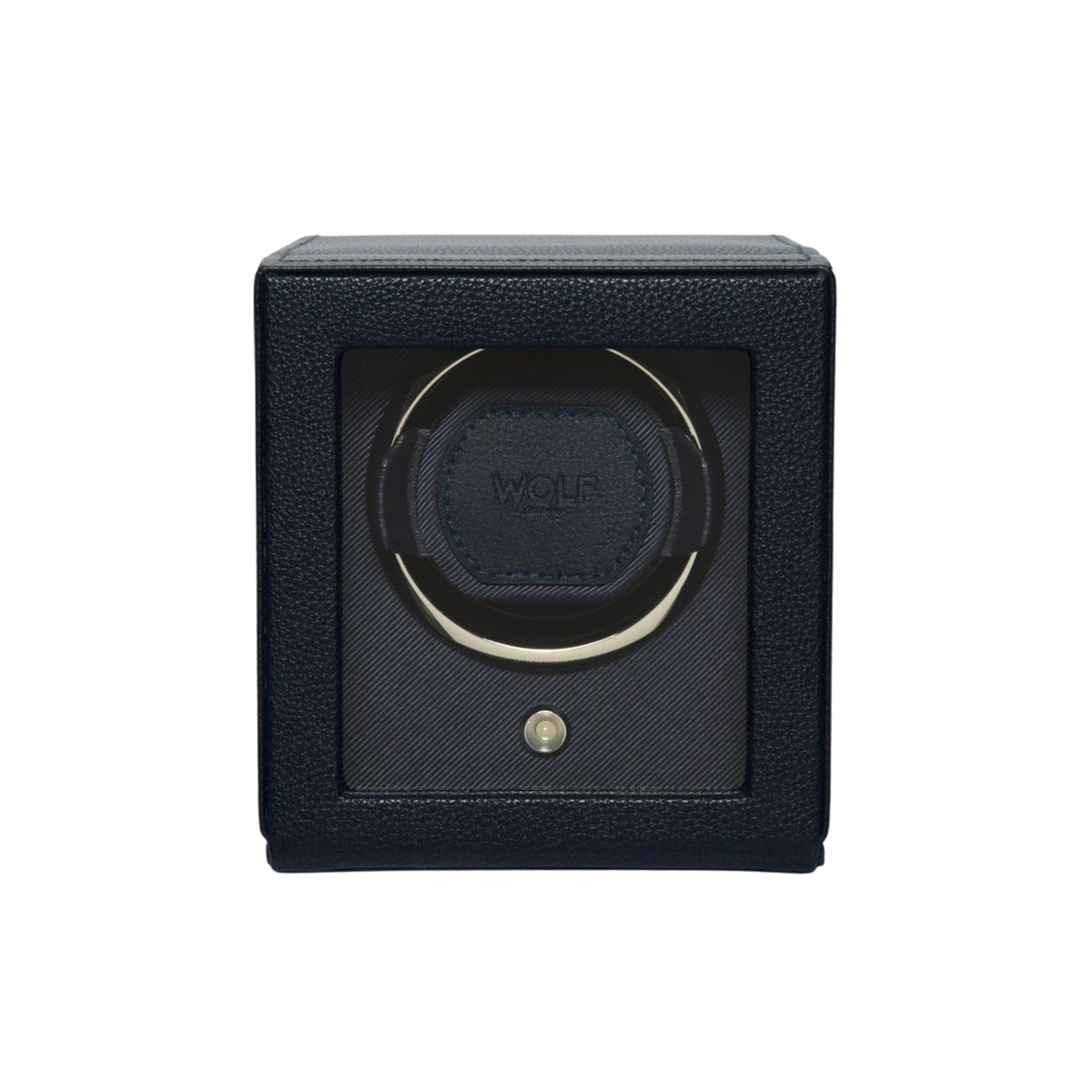 WOLF Cub 461117 front view of closed navy single watch winder with glass viewing cover and winding module