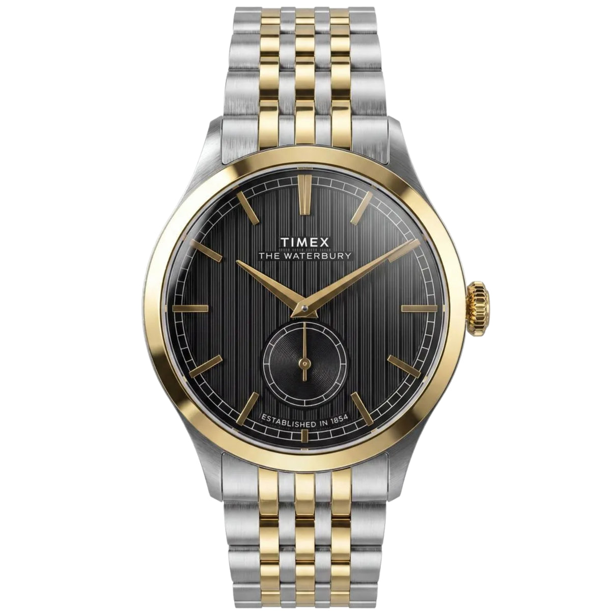 Timex Waterbury TW2Y91900 front view displaying black dial with vertical pinstripe texture, small seconds sub-dial, gold-tone bezel, and two-tone steel bracelet