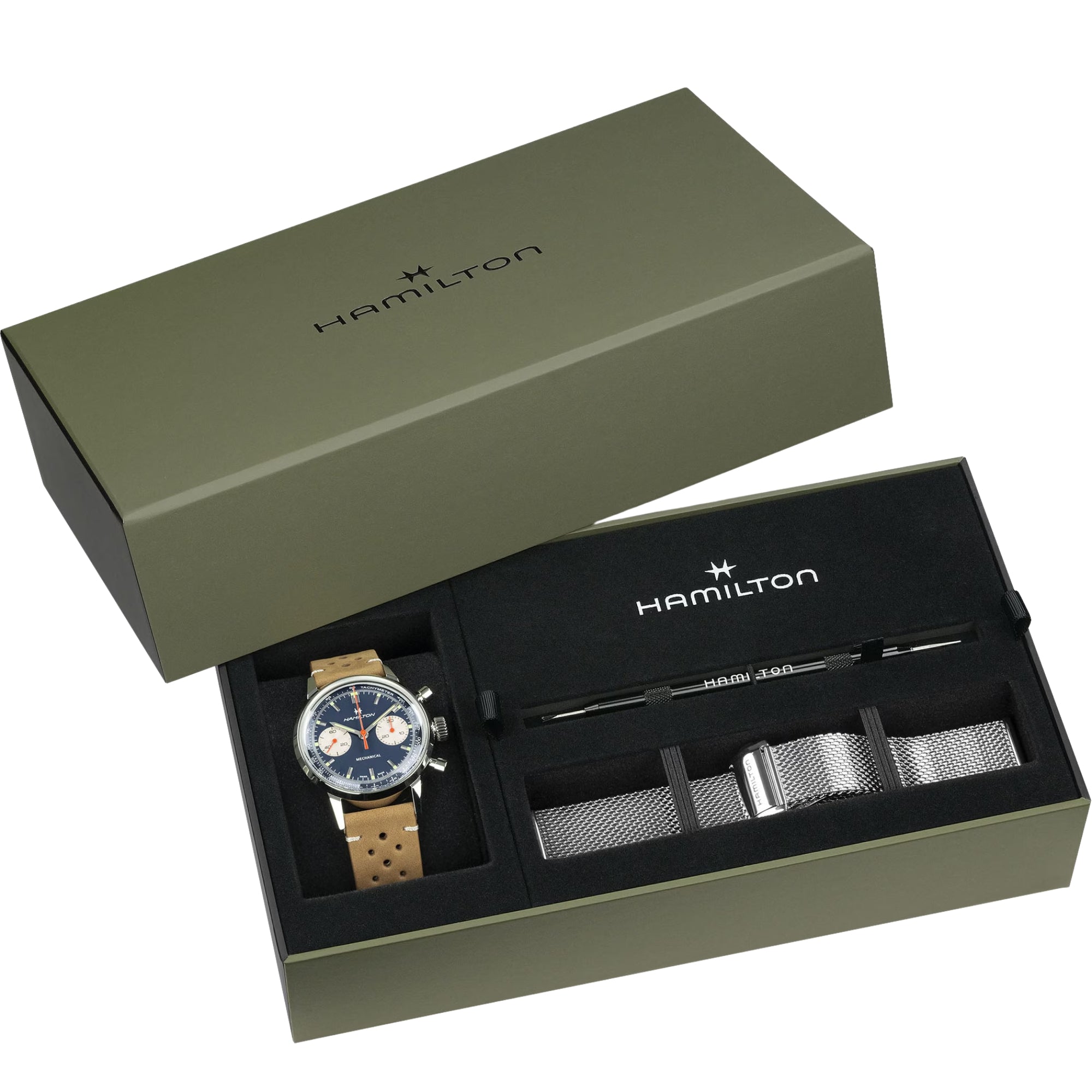 Hamilton men's mechanical chronograph watch with blue dial and tan leather strap