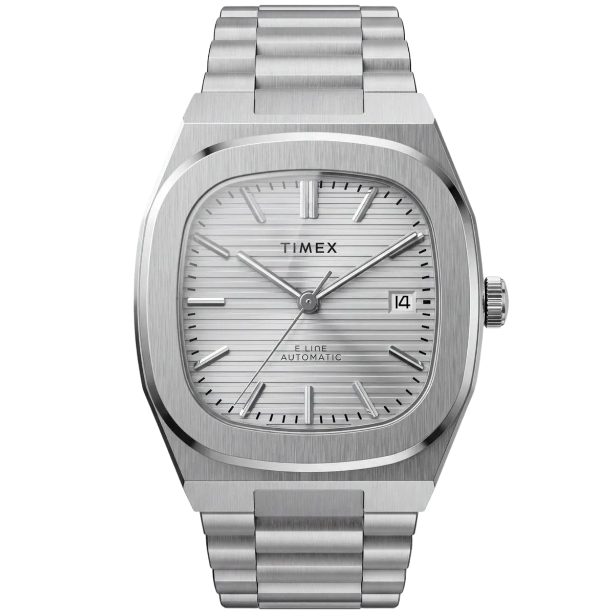 Timex E Line TW6A00500 front view displaying silver horizontal textured dial with cushion case and steel bracelet