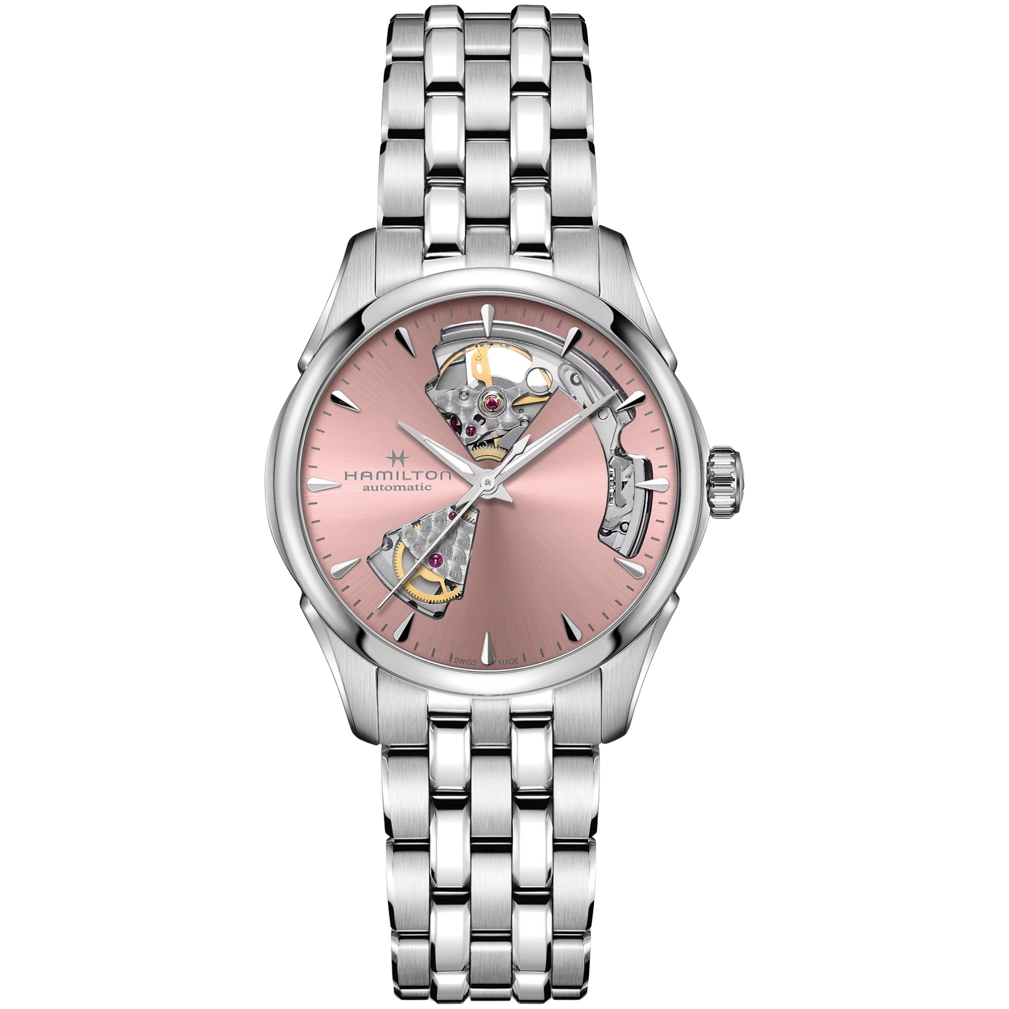 Hamilton Jazzmaster open-heart automatic watch, pink dial with open-work movement, steel bracelet