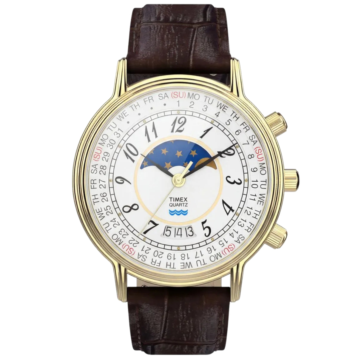 Timex Reissue 1990 Moon Phase TW2Y99000 front view displaying white dial with moon phase aperture, calendar ring, and brown leather strap