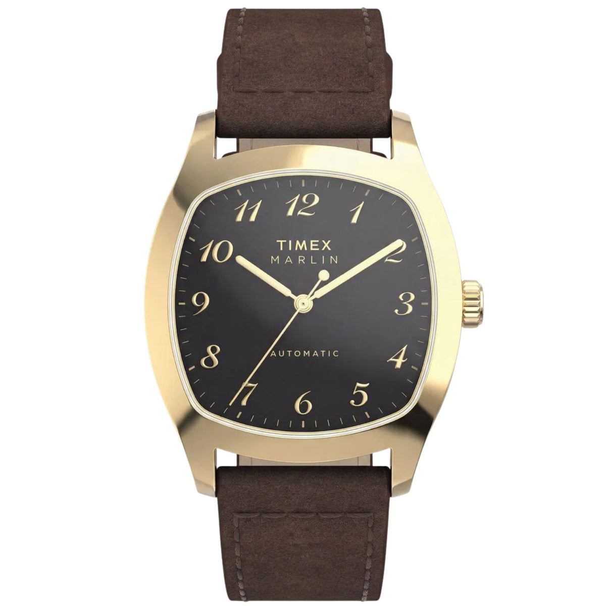 Timex Marlin Chatham TW2Y84500 front view displaying black dial with yellow gold-tone cushion case and leather strap