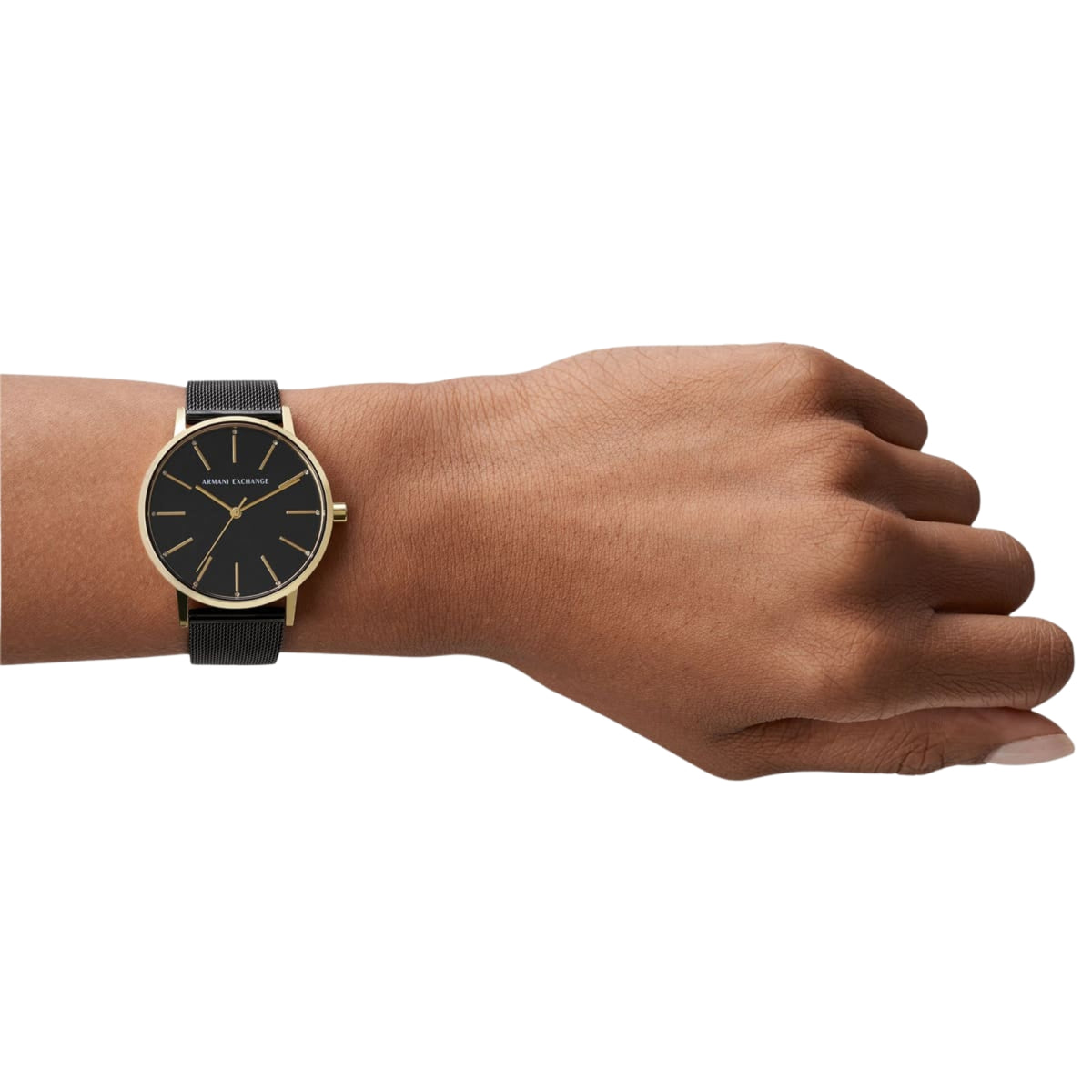 Armani Exchange Lola AX5548 lifestyle shot featuring 36mm black dial ladies quartz watch worn on wrist