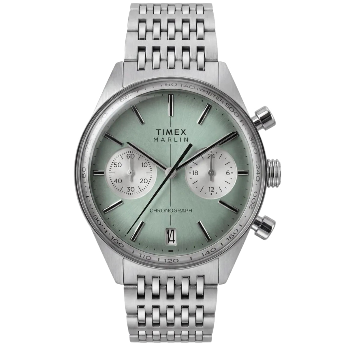 Timex Marlin Jet TW2Y89800 front view displaying green dial with chronograph sub-dials, tachymeter bezel, and steel multi-link bracelet