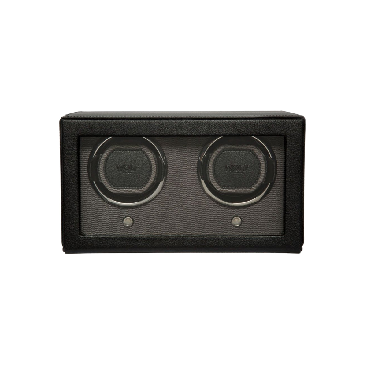 WOLF Cub 461203 front view of closed black double watch winder with glass viewing cover and twin winding modules