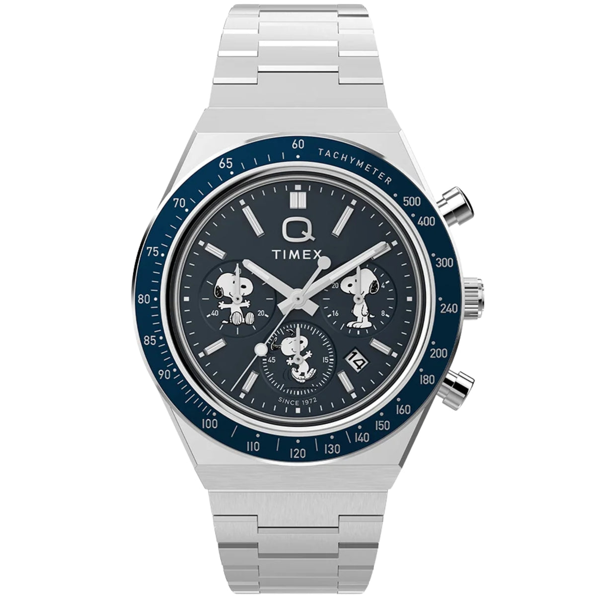 Timex Peanuts TW2Y45300 front view displaying blue dial with Snoopy character sub-dials and steel bracelet