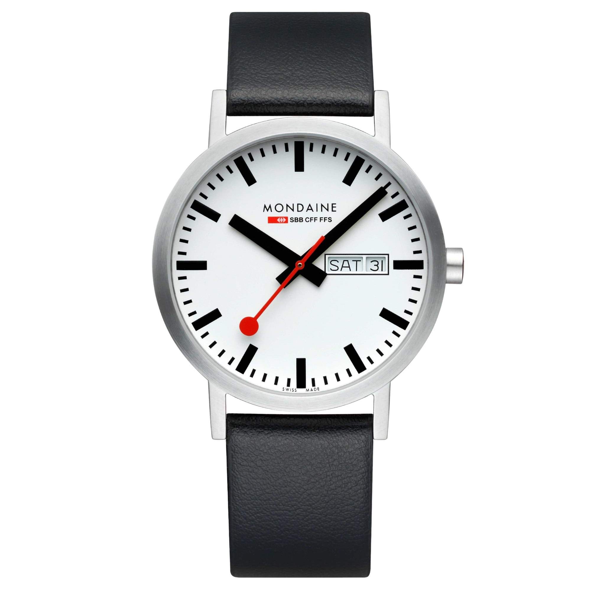 Front view of the Mondaine Classic A667.30360.11SBBV Swiss quartz watch featuring a matte stainless steel case, white SBB clock face with day-date indicator, and black eco-leather strap