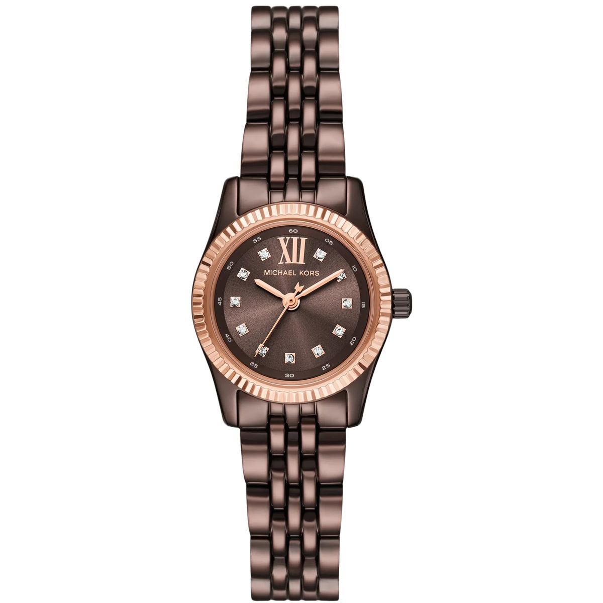 Michael Kors Lexington MK4844 ladies watch front view featuring a brown dial with crystal hour markers, fluted bezel, and matching bracelet
